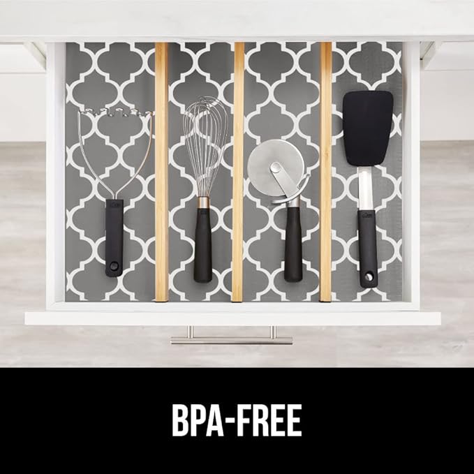 GORILLA GRIP DripGuard Shelf Liner, Non Adhesive Drawer and Kitchen Cabinet Protector, 20x240 Inch, Slip Resistant BPA Free Smooth Surface Plastic Liners for Cabinets, Bathrooms, Closets, White Gray