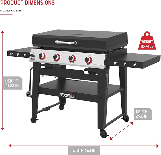 Nexgrill Daytona 4-Burner Propane Gas Griddle with Side Tables, 60000 BTU Flat Top Grill, 756 SQ In. Hot-Rolled Steel Cooking Space, Outdoor Cooking Barbeque, Black/Silver - 720-1058A