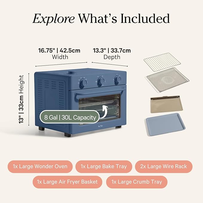 Our Place Large Wonder Oven | 6-in-1 Stainless Steel Air Fryer Toaster Oven Combo with Basket, Rack, Pan & Tray | 3-Rack, 32 QT, Large Capacity - Toast, Roast, Bake, Reheat, Broil & Steam | Blue Salt