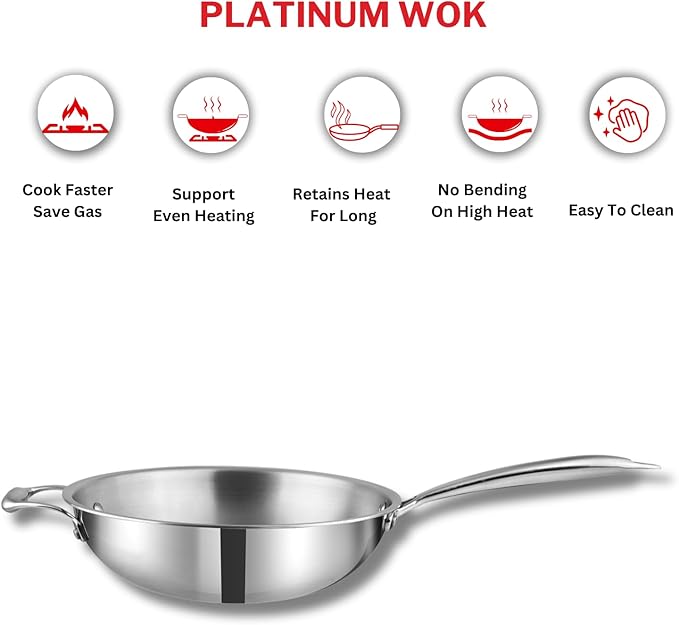 Vinod Platinum Triply Stainless Steel Wok - 3 Litre, 26 cm | Riveted Handle | Stir, Shallow Fry/Noodles/Curry/Fried Rice | Induction Base | - Silver