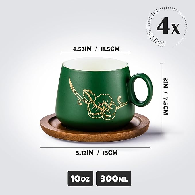 Yundu 10oz Cappuccino Cups & Wooden Saucers Set with Gold Floral Art, Latte Art Cup for Espresso, Coffee & Tea, Modern Matte Green Ceramic Tea Cup Set of 4