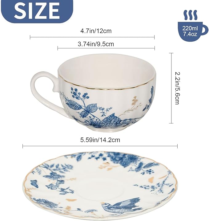 Tea Cups and Saucers Coffee Cappuccino Espresso Latte Cup Mugs Special Gold Line Ceramic Cup Porcelain Tea Cups Set of 2 (7 oz) for Gifts,Party,Gatherings, Afternoon Teas,Receptions