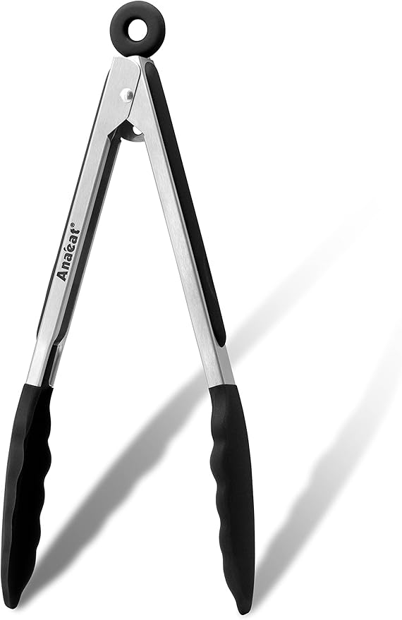 Anaeat Non-Stick Silicone Locking Tong - Stainless Steel 9" Kitchen Food Tongs with Non-Slip Silicone Tips and Grip for Cooking, Baking and BBQ - Heat Resistant up to 480°F (Black)