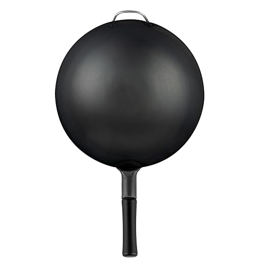 Restaurantware-Motomori 14 Inch Pre-Seasoned Carbon Steel Wok, 10 Traditional Japanese Woks - Round Bottom, Wooden Handle, Black Carbon Steel Traditional Stir Fry Pans, With Helper Handle