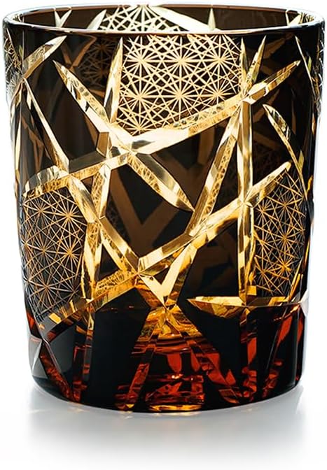 JINZHI Edo Kiriko Old Fashioned Glasses Japanese Style Crystal Amber 8 0z Black Diamond Cut Glass Cup Tumbler for Vodka Cocktail Whiskey