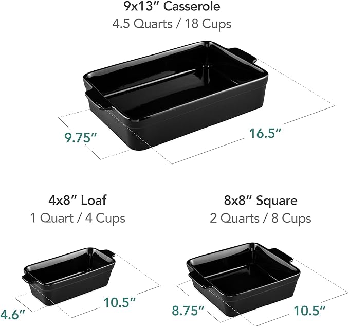 Best Choice Products 3-Piece Ceramic Bakeware Set, Stoneware Baking Dishes, Porcelain Casserole Bakeware Dishes, Serving Dishes - 9x12 Casserole, Loaf Pan, 8x8 Baking Dish - Black Licorice