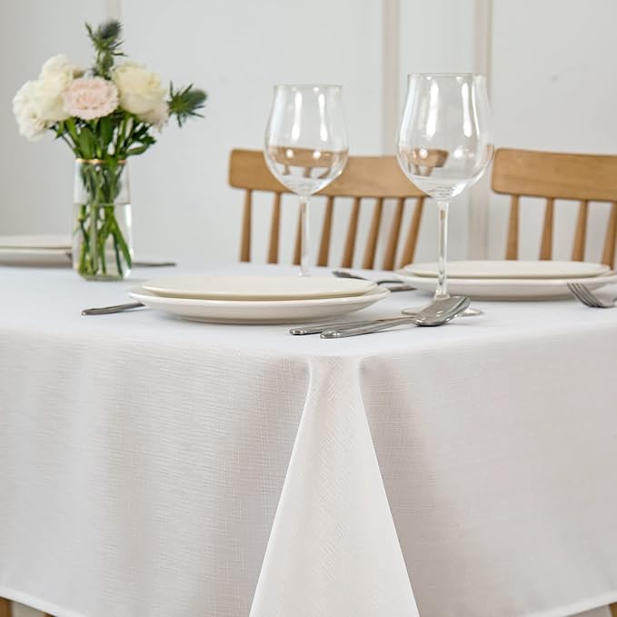 maxmill Faux Linen Texture Tablecloth Stain Resistant Waterproof, Wrinkle Resistant Washable Table Cloth, Fabric Table Cover for Dining Room, Indoor and Outdoor Use, Rectangle 60 x 120 Inch, White