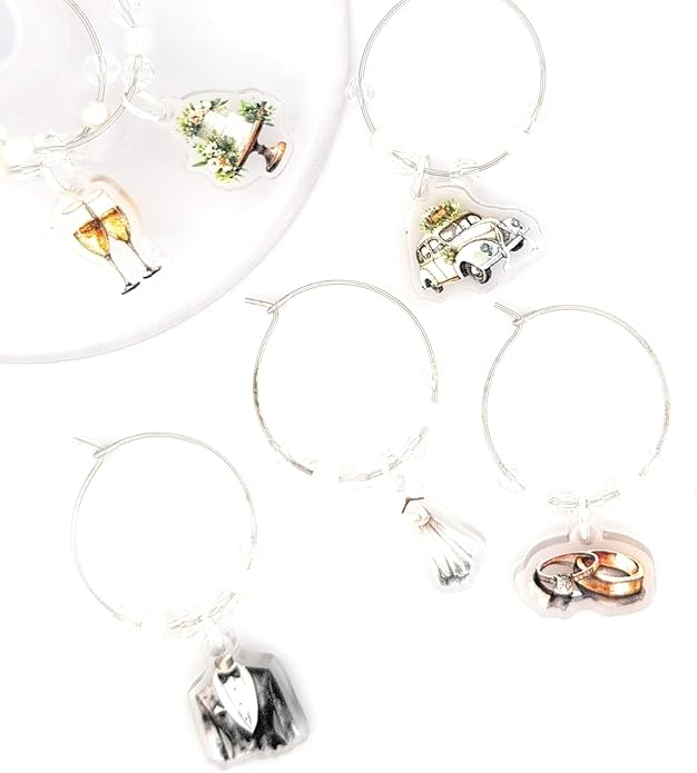 Pixie – Wedding Wine Glass Charms Gift with Tuxedo, Wedding Dress, Rings, Champagne, Car and Cake Designs, Silver-Tone with Pearl Accents, Engagement Party, Bridal Shower and Gifts - 6 Pack