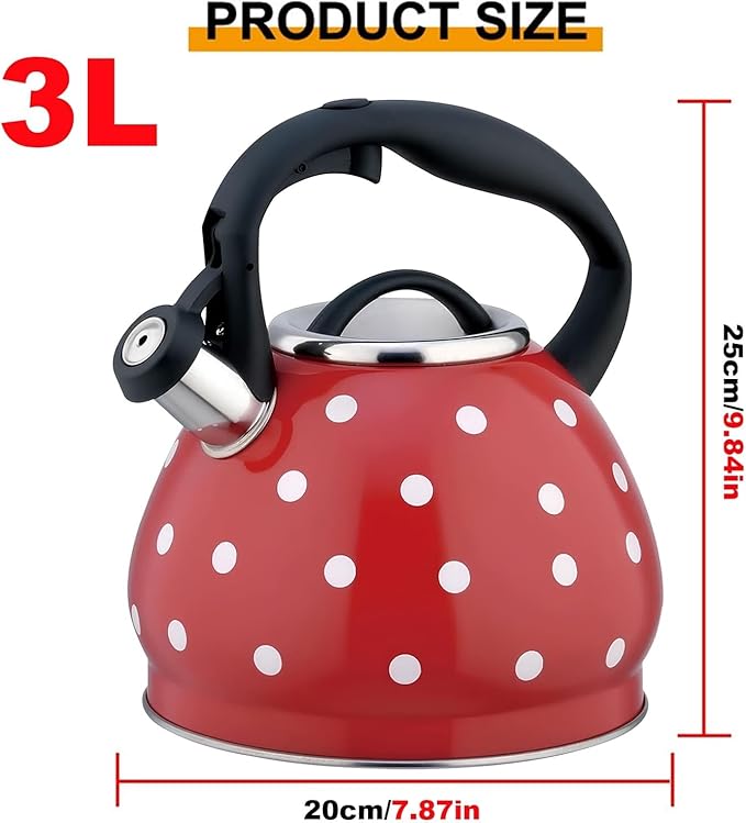 Polka Dot Tea Kettle Stovetop - 3.2 Quart Stainless Steel Whistling Kettle, Vintage Red & White Design, Gas & Electric Stove Safe, Induction