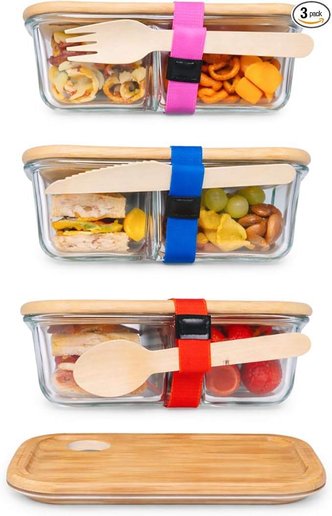 Glass Food Storage Containers with Bamboo Lids, Airtight Containers, Non Toxic Food Storage, Eco Friendly Fridge Storage ContainersIncludes Elastic Bands and Utensils (3)