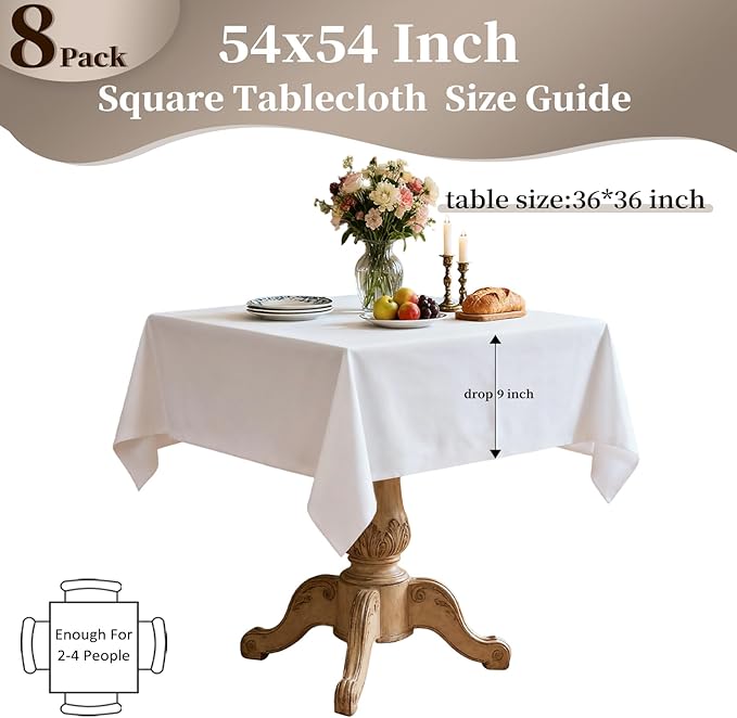 8 Pack White Square Tablecloth 54x54 Inch Table Cloth for Square Tables, Wrinkle Resistant Washable Polyester Fabric for Dining Banquet Wedding Party