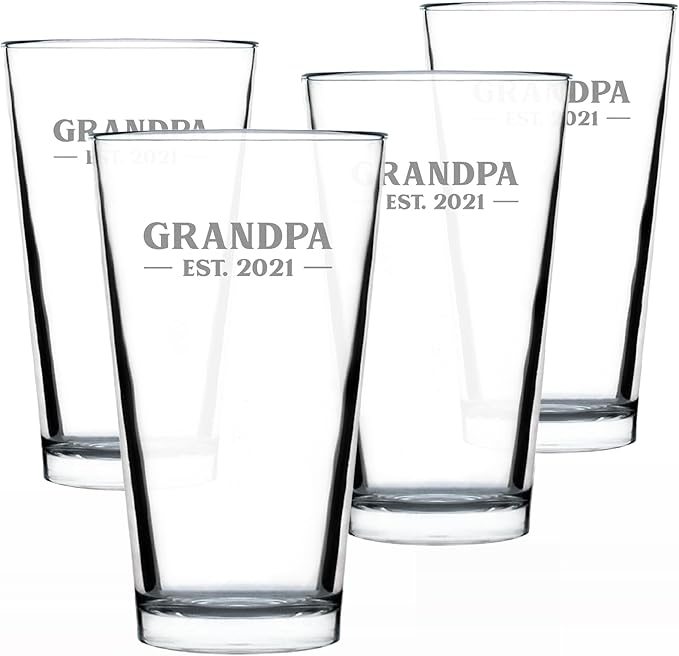 Bevvee Grandpa Est 2021 - New Grandfather Pint Glass Gift for First Time Grandparents - Set of 4 - Bold 16 Oz Glasses