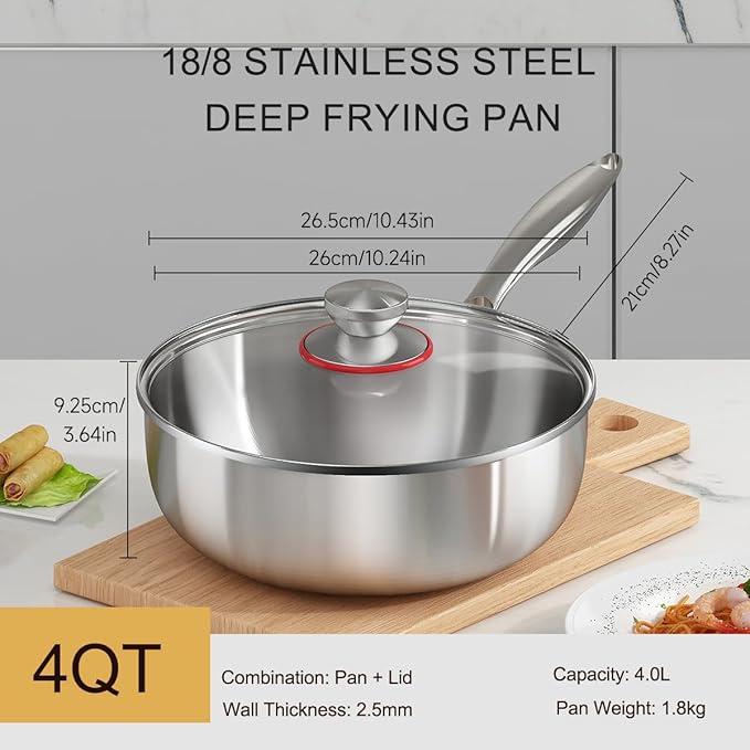 Tri-ply Stainless Steel Saute Pan 4-Quart with Clear Lid Deep Frying Pan for Chef's Cooking Wok Induction Oven Dishwasher Safe, Compatible with All Cooktops(Detachable Handle,10 Inch)