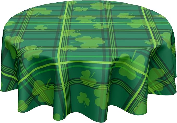 St. Patrick's Day Round Tablecloth 70 Inch Green Plaid Shamrock Print Circle Table Cloth Seasonal Holiday Saint Patrick Table Cover for Party Kitchen Dinner Home Decor