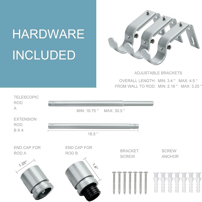 Curtain Rods for Windows 16 to 88 Inches Adjustable Length 1 Inch Diameter Window Curtain Rod with Aluminium End Cap, Silver Gray
