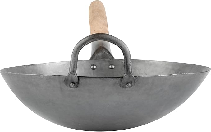 Motomori 12 Inch Hand-Hammered Carbon Steel Wok, 1 Traditional Japanese Wok - Round Bottom, Wooden Handle, Black Carbon Steel Traditional Stir Fry Pan, With Helper Handle - Restaurantware