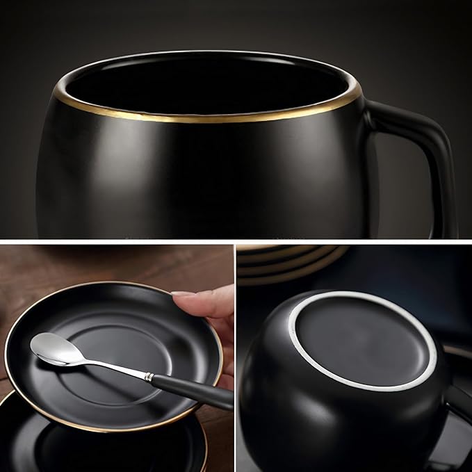 Ceramic Teacup and Saucer Set with Gold Trim Design 9.8oz Matte Plain Color Ceramic Coffee Mug Black