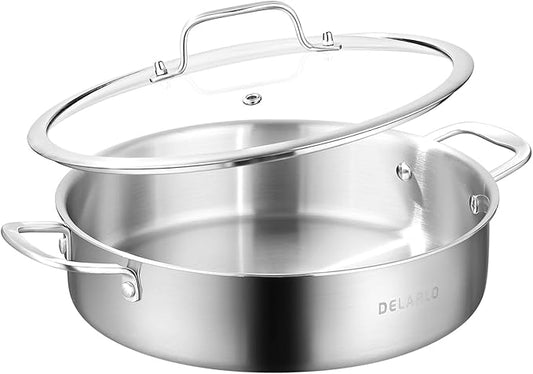 DELARLO Tri-Ply Stainless Steel 7QT Saute Pan With Lid, 12 Inch Deep Frying Pan, Induction Large Skillet, Cooker Pan for Chefs, Dishwasher & Oven Safe