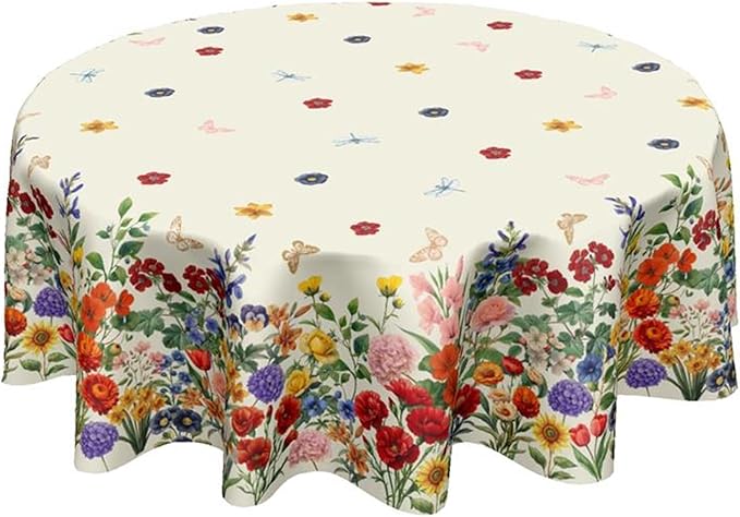Spring Summer Flower Round Tablecloth 70 Inch Vintage Floral Butterfly Polyester Table Cloth Rustic Farmhouse Table Cover Decoration for Kitchen Dinner Party