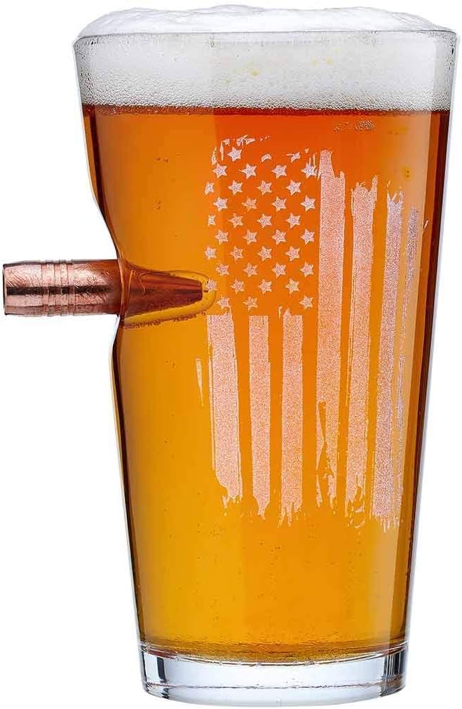 BenShot US Flag Pint Glass with Real 0.50BMG Bullet - 16oz | Made in the USA