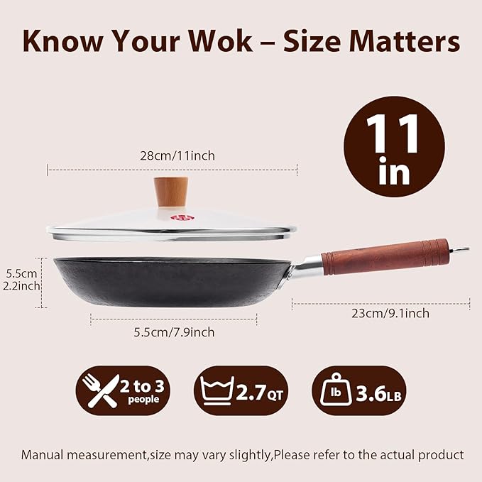 WANGYUANJI 11 Inch Cast Iron Skillet with Glass Lid, Deep Flat Bottom Frying Pan, Uncoated Naturally Nonstick Pan for Steak, Eggs & Stir-Fry, Compatible with Gas, Electric & Induction Cooktops