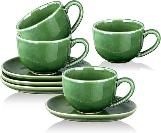 vicrays 6.5 oz Cappuccino Cups with Saucers, Set of 4, Ceramic Coffee Cup for Au Lait, Double shot, Latte, Cafe Mocha, Tea (Green)