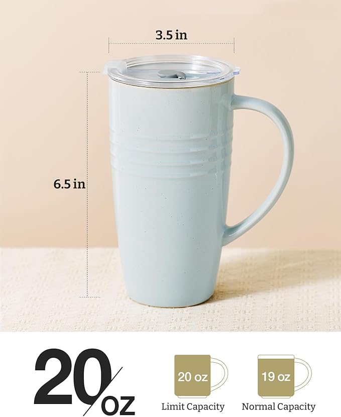 famiware Jupiter Large Coffee Mug, 20oz Coffee Mug with Lid, Ceramic Cup with Handle for Latte, Tea, Cocoa, Milk, Home & Office, Microwave and Dishwasher Safe, Light Blue