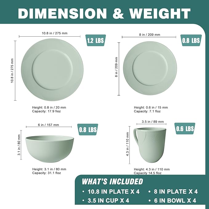 Yoshy 12-Piece White Bone China Dinnerware with Lightweight Durable Chip Resistant Design Service for 4 (16 Piece - Service for 4, Willowmist)
