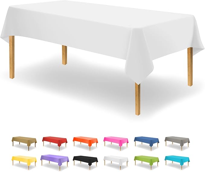Party Dimensions White Disposable Plastic Tablecloth for Rectangle Tables (48 Pack) Premium Decorative Table Cloths for Parties, Events & Weddings, Indoors & Outdoors, 54 x 108 inches