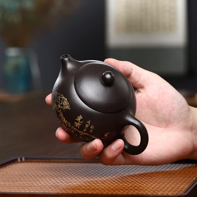 Xishi Teapot 7oz Chinese Yixing Zisha Clay Pot Ceramics Purple Sand Mud Kungfu Tea Set Kettle Spherical Filter (Black with golden tiger)