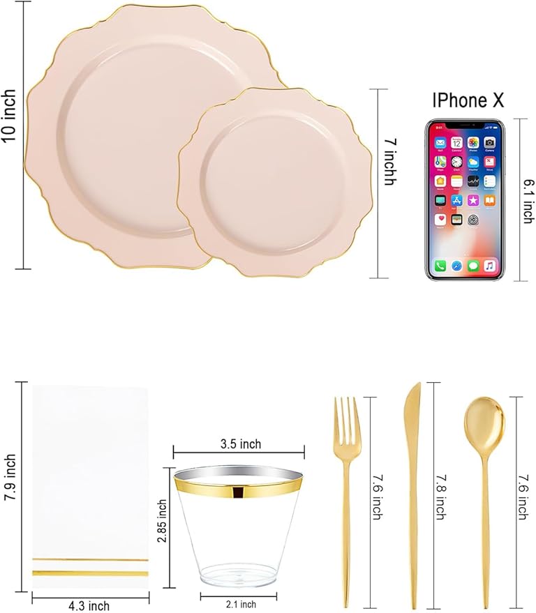WDF 175Pcs Pink Plastic Plates - Pink and Gold Plates Disposable 25guest Plastic Dinnerware Ideal for Tea Party/Easter/Wedding/Baby Shower/Valentine's Day