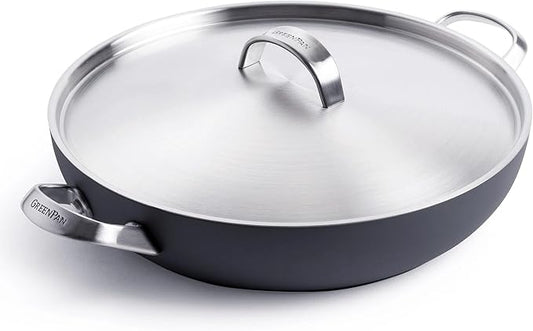 GreenPan Paris Pro Hard Anodized Healthy Ceramic Nonstick, 11" Everyday Frying Pan Skillet with 2 Handles and Stainless Steel Lid, PFAS-Free, Dishwasher Safe, Grey