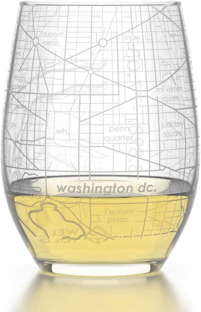 Well Told Engraved Washington DC Map Stemless Wine Glass, Etched Glassware (15 oz, Clear) City Map Gift, Custom Barware, Gifts for Wine Lovers