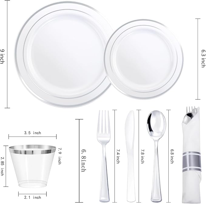 350Piece Silver Plastic Dinnerware Set for 50 Guests - Silver Plastic Plates with Cutlery Include:50Dinner Plates-50Dessert Plates-50Pre Rolled Napkins with Silverware Valentine's Day