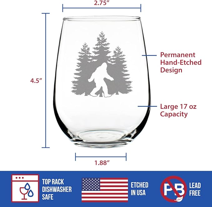 Bevvee Bigfoot Stemless Wine Glass - Funny Bigfoot Gifts for Sasquatch Enthusiasts - 17 Oz Wine Glasses