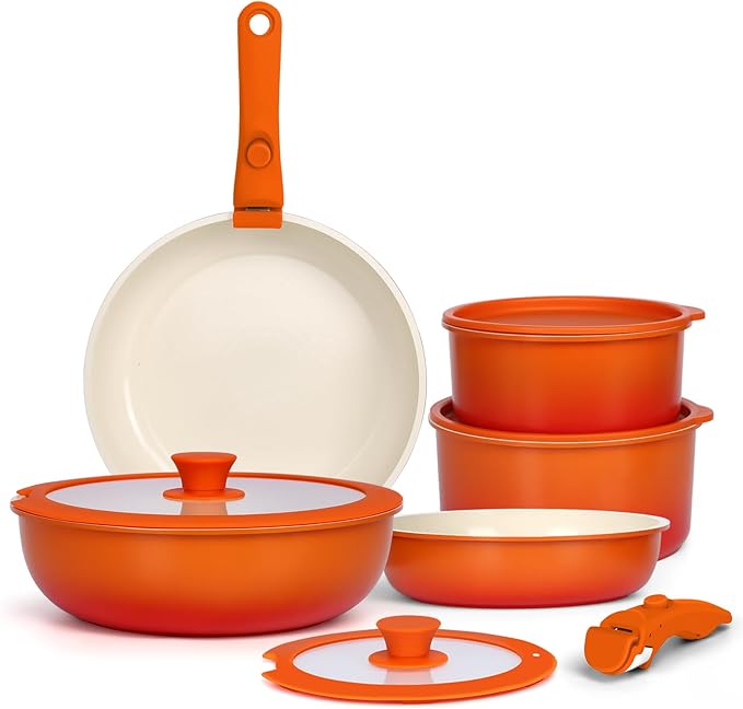 GIPP 11pcs Pots and Pans Set Non Stick, Nonstick Cookware Set Detachable Handle,Ceramic Pots for Cooking Non Stick with Removable Handle, RV Cookware Set, Orange Gradient