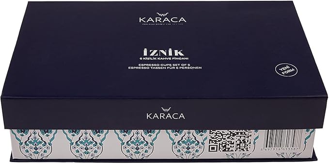 KARACA Iznik New Form Turkish Coffee Cup Set of 6, (12 Piece) Cups with Saucers - 3.3 fl oz Small Porcelain Espresso Set - Ideal for Serving Greek, Arabic Coffee