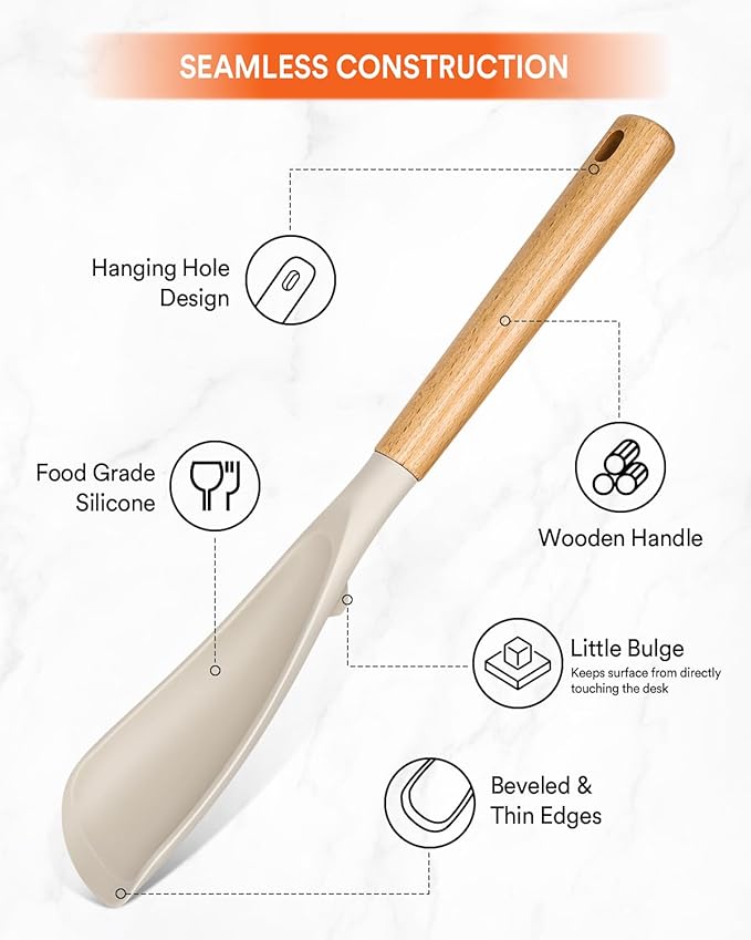 Multifunction Spoon for Nonstick Cookwares, Great for Cooking and Serving, Sturdy BPA-Free Matte Silicone, Wood Handle spoonula for Mixing, Scoop, and Scrape, Khaki(2 pack,11.4" & 13.4")