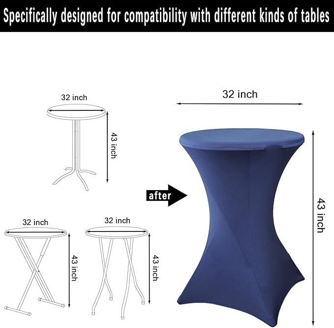 2 Pack 32x43 Inch Navy Cocktail Tablecloth Spandex Round Fitted Table Cover for Wedding Banquet Event Party