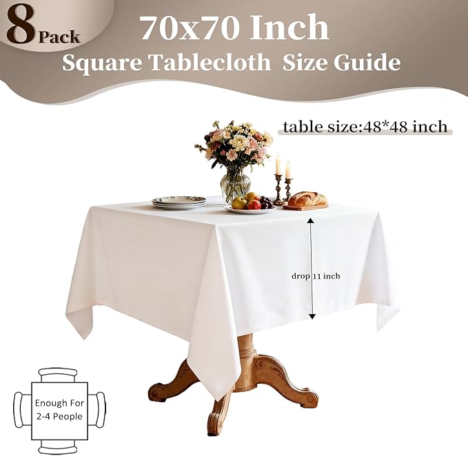 8 Pack White Square Tablecloth 70x70 Inch Table Cloth for Square Tables, Wrinkle Resistant Washable Polyester Fabric for Dining Banquet Wedding Party