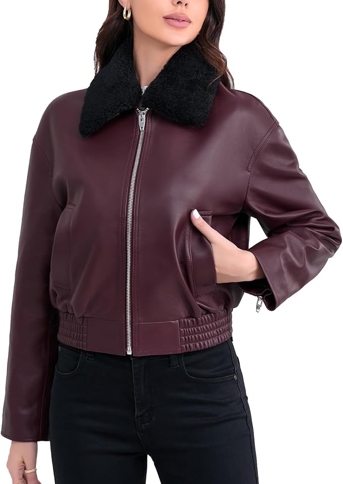 SILVER FASHIONS Leather Jacket Women,Cropped Lambskin Bomber Jacket,Removable Sherpa Collar, Zip Front, Elasticized Hem