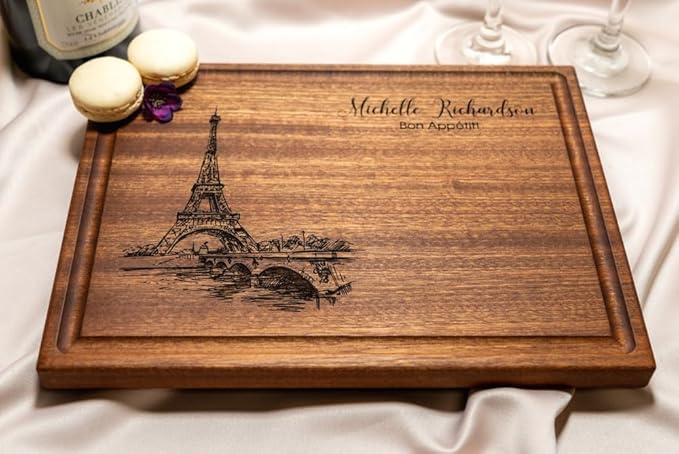 Personalized Cutting Board, Custom Wedding, Anniversary or Housewarming Gift Idea, Wood Engraved Charcuterie, for Friends and Couples, Paris Eiffel Tower Design 047