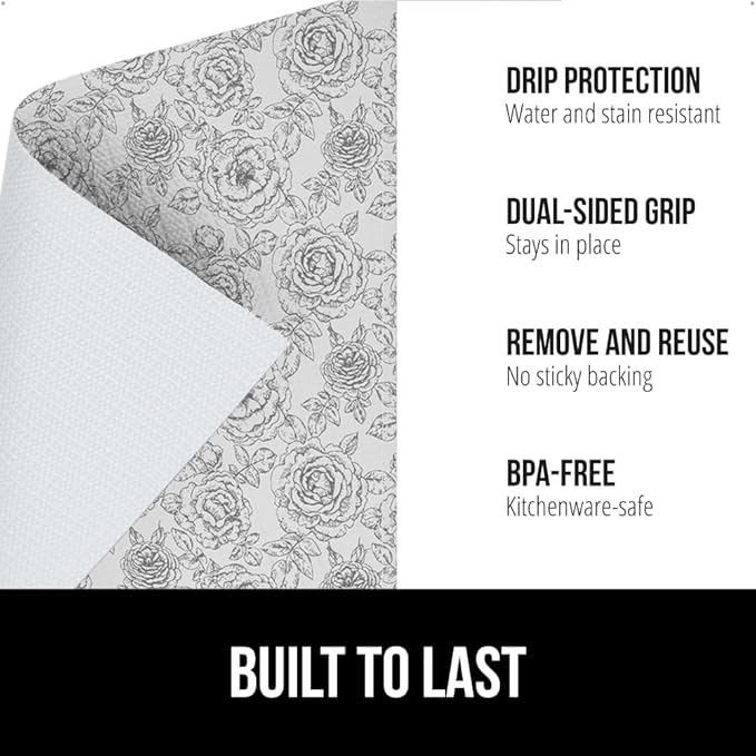 GORILLA GRIP DripGuard Shelf Liner, Non Adhesive Drawer and Kitchen Cabinet Protector, 24x240 Inch, Slip Resistant BPA Free Smooth Surface Plastic Liners for Cabinets, Bathrooms, Closets, Floral Gray