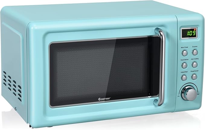 COSTWAY Retro Countertop Microwave Oven, 0.7Cu.ft, 700-Watt, High Energy Efficiency, 5 Micro Power, Delayed Start Function, with Glass Turntable & Viewing Window, LED Display, Child Lock (Green)