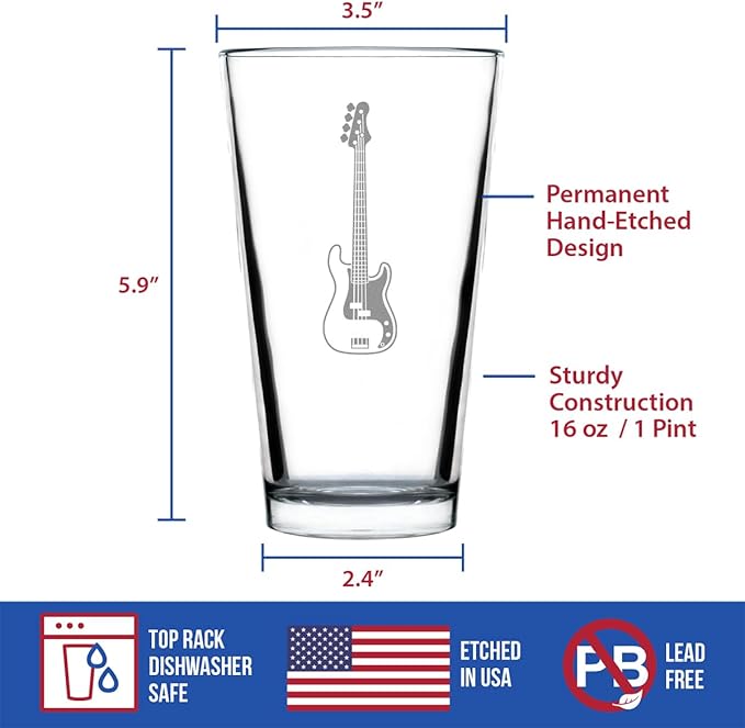 Bevvee Electric Bass Pint Glass for Beer - Music Gifts for Bass Players, Teachers and Musical Accessories for Musicians that Play Bass Guitar - 16 Oz Glasses
