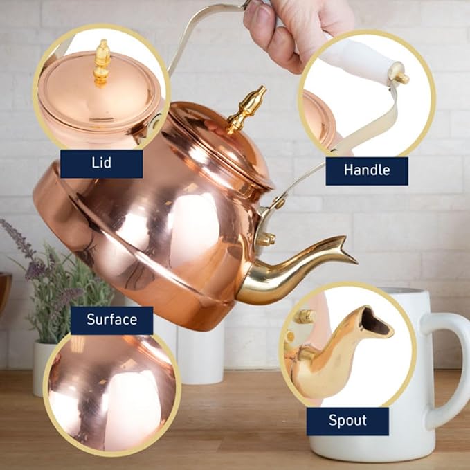 Classic Cuisine Copper Tea Kettle - Teapot for Stovetop with Copper Exterior, Nickel Lining, and Ceramic Handle - 7.25C/1.8Q Vintage-Style Kettle - Perfect for Tea, Coffee, or Cooking