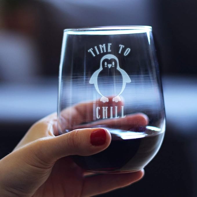 Bevvee Time to Chill - Stemless Wine Glass - Funny Penguin Themed Gifts and Decor - Large 17 oz