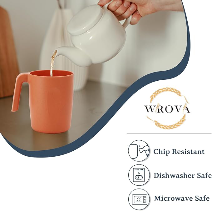 Wrova 16oz Wheat Straw Cups with handles set of 6-Plastic Cups Reusable-Unbreakable Kids Mugs-Dishwasher Safe & Microwave Safe-Ideal Plastic Mugs for Tea,Coffee,Camping,RV-Vibrant Color