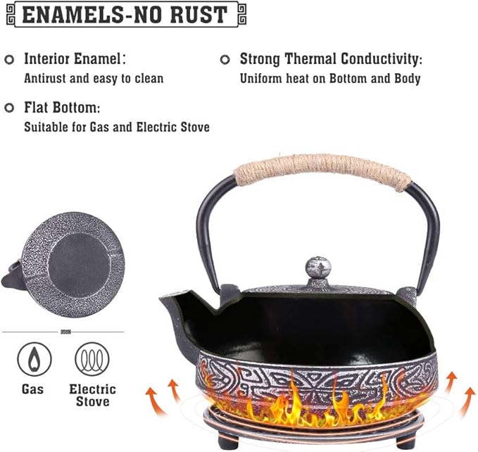 Cast Iron Teapot Set Japanese Style Tea Kettle with Infuser, Enameled Interior Cast Iron Tea Pot with 4 Teacup for Stove Top, Handmade Gift for Friend (28 Ounce, Black)