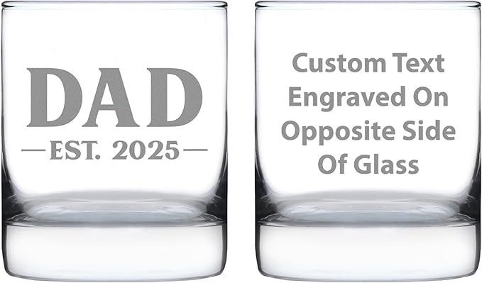 Custom Dad Est 20XX - New Father Whiskey Rocks Glass Gift for First Time Parents - Personalized Bold 10.25 Oz Glasses